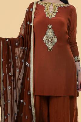Brown crepe kurta sharara set with hand embroidery 3