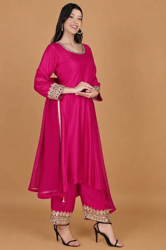 Fuchsia Self Katan Kurta and Pant with Mirror Work and Georgette Dupatta