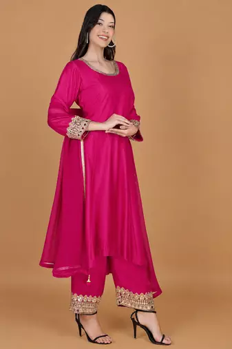 Fuchsia Self Katan Kurta and Pant with Mirror Work and Georgette Dupatta