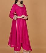 Fuchsia Self Katan Kurta and Pant with Mirror Work and Georgette Dupatta
