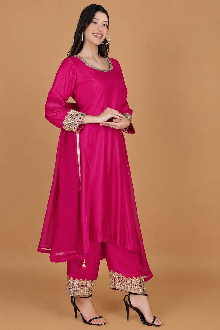 Fuchsia Self Katan Kurta and Pant with Mirror Work and Georgette Dupatta