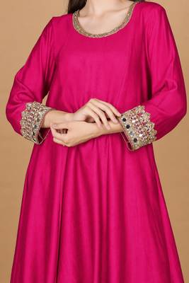 Fuchsia Self Katan Kurta and Pant with Mirror Work and Georgette Dupatta 2