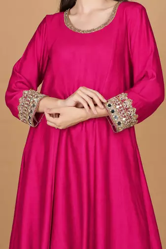 Fuchsia Self Katan Kurta and Pant with Mirror Work and Georgette Dupatta