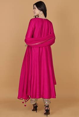Fuchsia Self Katan Kurta and Pant with Mirror Work and Georgette Dupatta 3