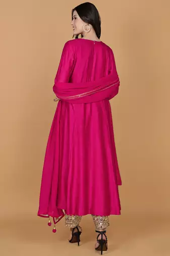 Fuchsia Self Katan Kurta and Pant with Mirror Work and Georgette Dupatta