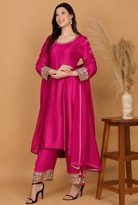 Fuchsia Self Katan Kurta and Pant with Mirror Work and Georgette Dupatta 4