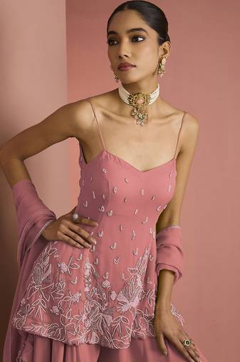 Coral crepe bead work sharara set