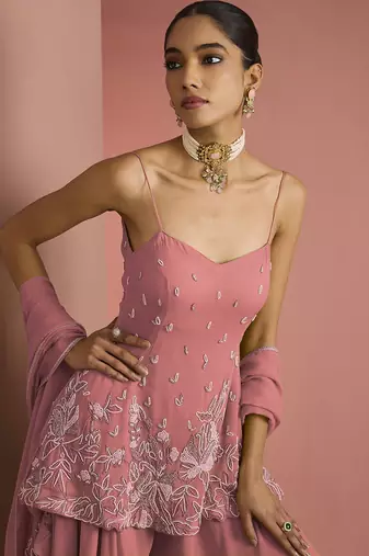 Coral crepe bead work sharara set