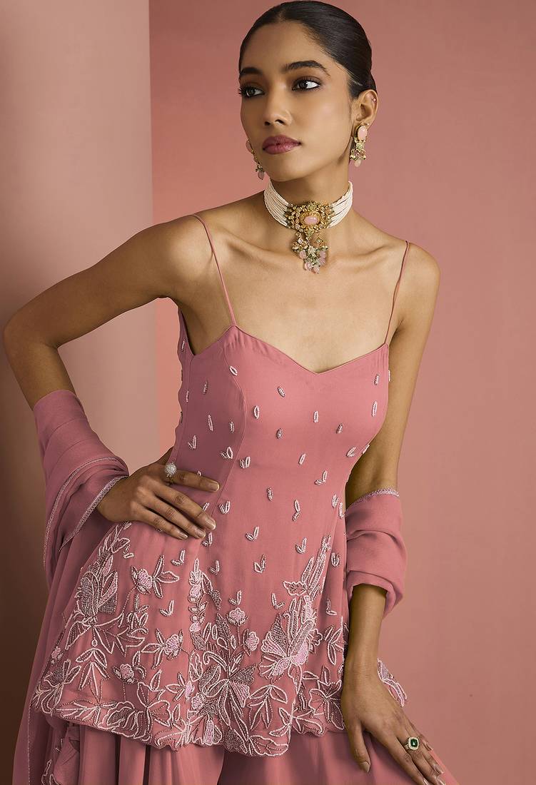 Coral crepe bead work sharara set