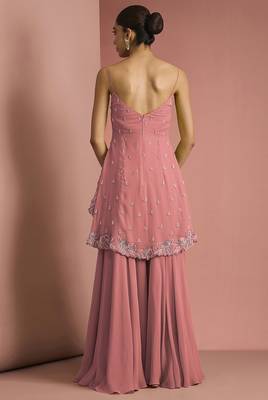 Coral crepe bead work sharara set 2