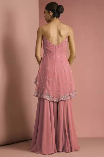 Coral crepe bead work sharara set