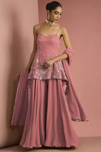 Coral crepe bead work sharara set