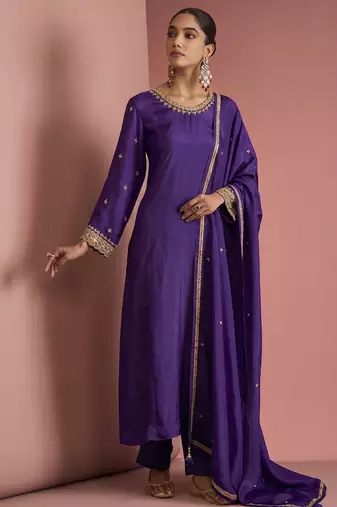 Dark purple opara silk pearl cutdana work three piece set