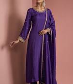 Dark purple opara silk pearl cutdana work three piece set