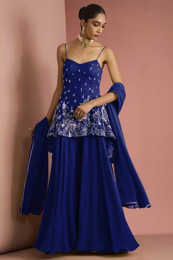 Dark blue  crepe bead work sharara set