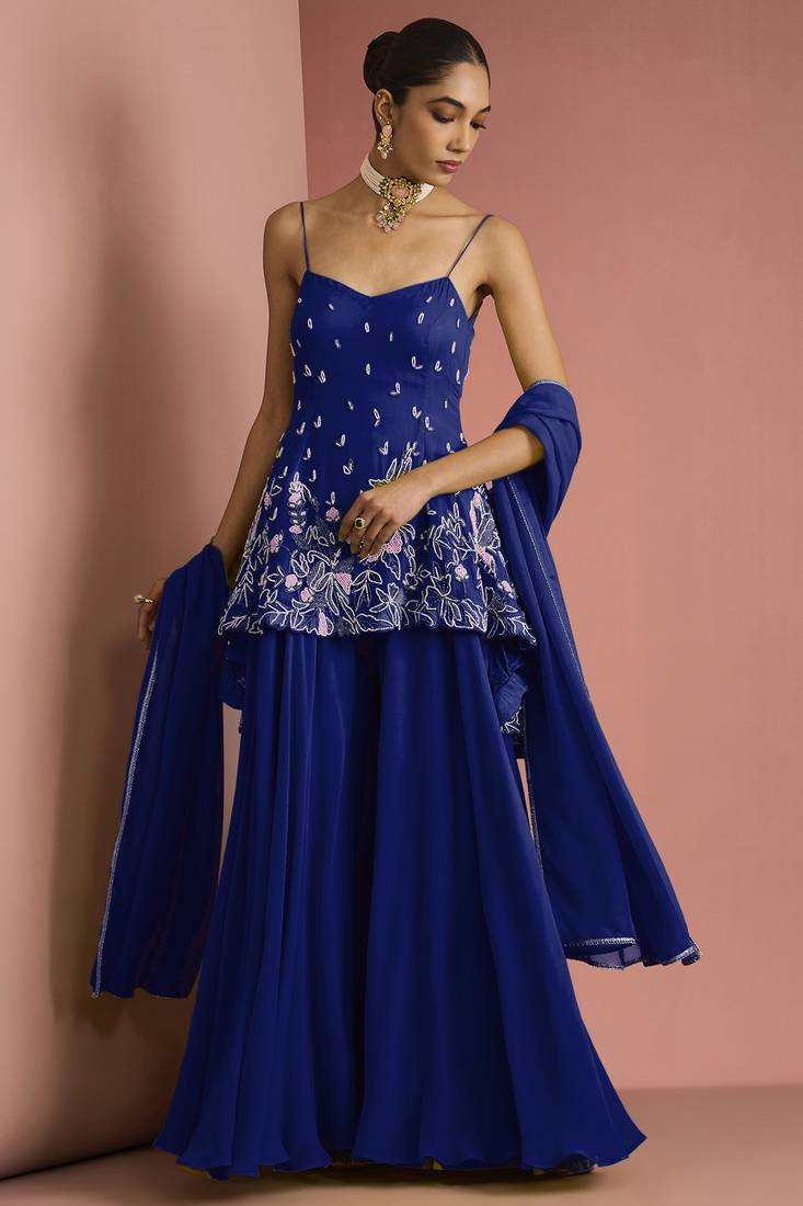 Dark blue  crepe bead work sharara set