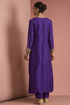 Dark purple opara silk pearl cutdana work three piece set 2