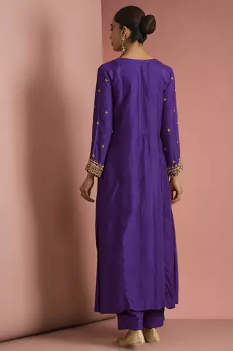 Dark purple opara silk pearl cutdana work three piece set