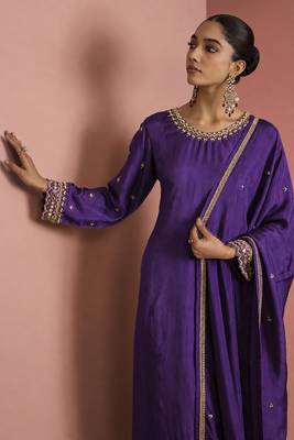 Dark purple opara silk pearl cutdana work three piece set 3
