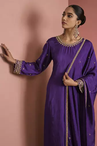 Dark purple opara silk pearl cutdana work three piece set