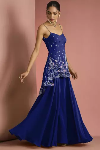 Dark blue  crepe bead work sharara set