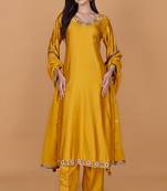 Mustard self katan kurta pant set with cutdana pearl mirror embroiderey and dupatta
