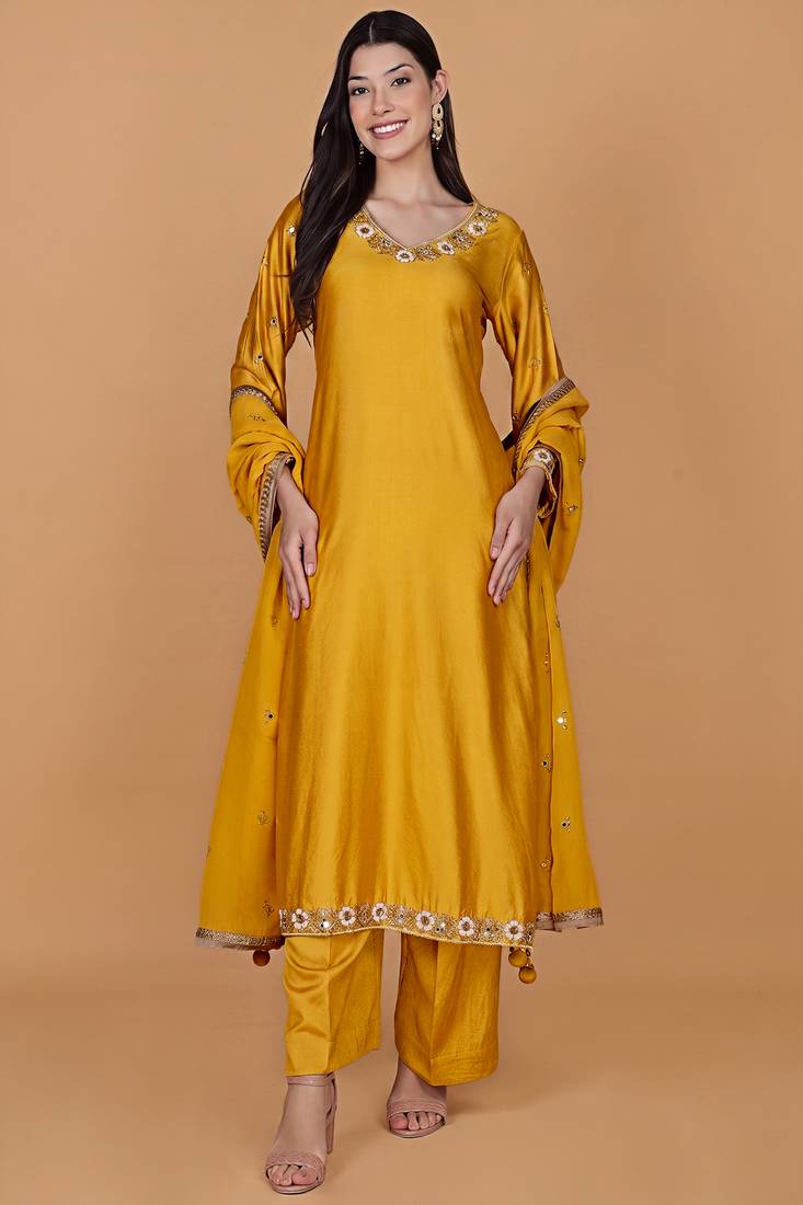 Mustard self katan kurta pant set with cutdana pearl mirror embroiderey and dupatta