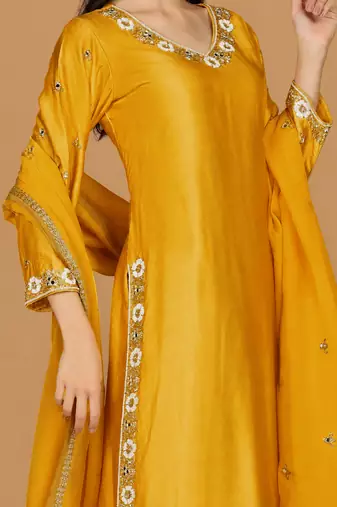 Mustard self katan kurta pant set with cutdana pearl mirror embroiderey and dupatta