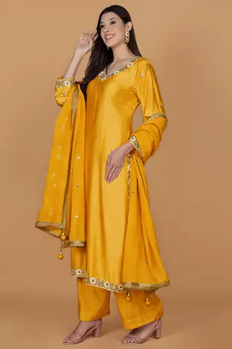 Mustard self katan kurta pant set with cutdana pearl mirror embroiderey and dupatta