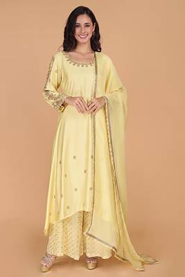 Light yellow katan silk sharara set with beads and pearl embroidery 1