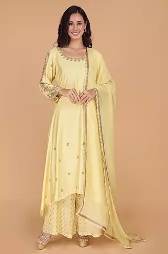 Light yellow katan silk sharara set with beads and pearl embroidery