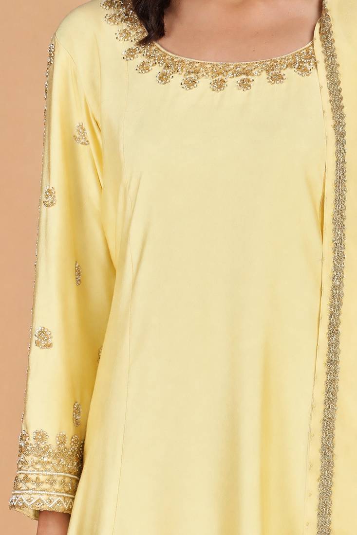 Light yellow katan silk sharara set with beads and pearl embroidery