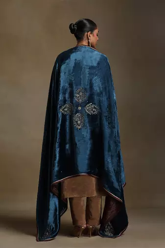 Teal blue hand embroidered velvet doshala