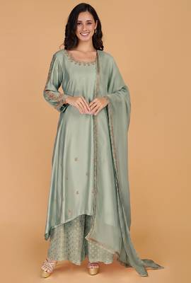 Olive green katan silk sharara set with beads and pearl embroidery 1