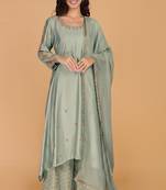 Olive green katan silk sharara set with beads and pearl embroidery