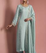Light teal opara silk pearl cutdana work three piece set