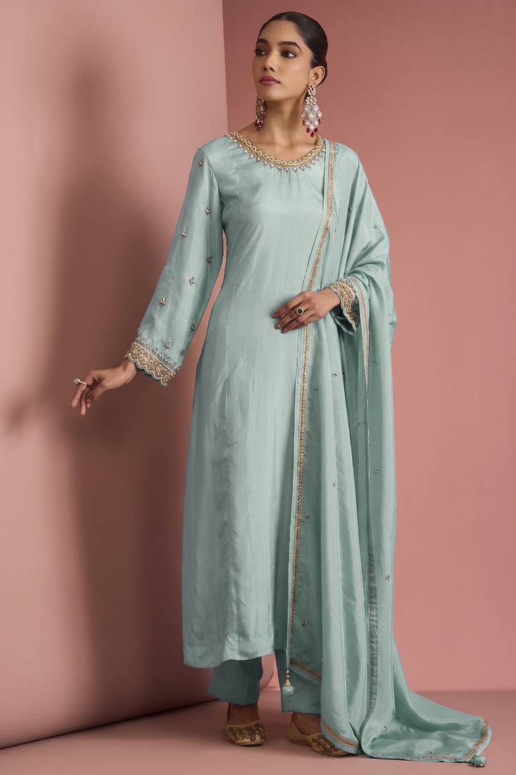 Light teal opara silk pearl cutdana work three piece set