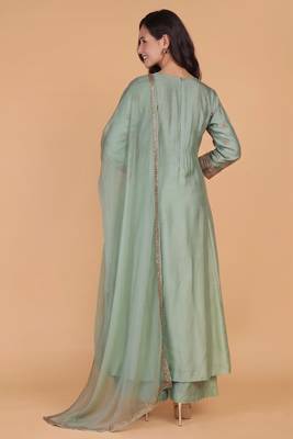 Olive green katan silk sharara set with beads and pearl embroidery 2