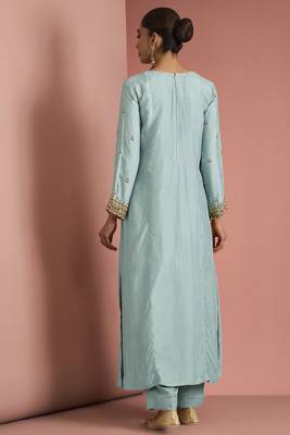 Light teal opara silk pearl cutdana work three piece set 2