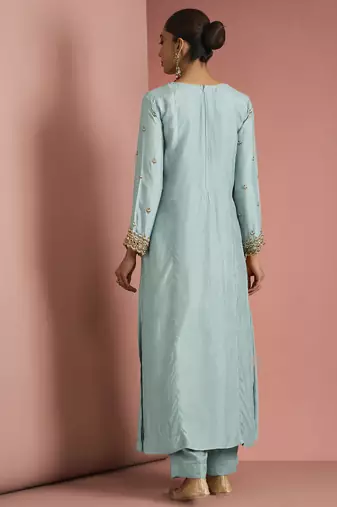 Light teal opara silk pearl cutdana work three piece set
