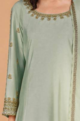 Olive green katan silk sharara set with beads and pearl embroidery 3