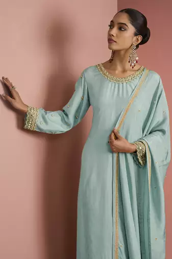 Light teal opara silk pearl cutdana work three piece set