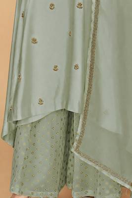 Olive green katan silk sharara set with beads and pearl embroidery 4