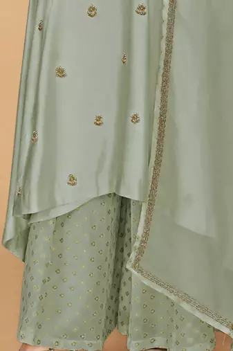 Olive green katan silk sharara set with beads and pearl embroidery