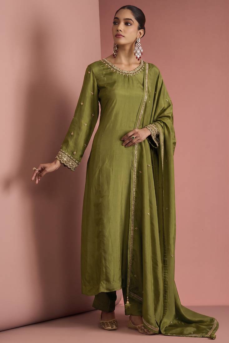 Mehendi green opara silk pearl cutdana work three piece set