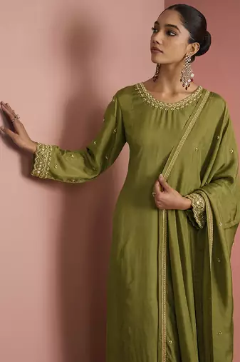 Mehendi green opara silk pearl cutdana work three piece set