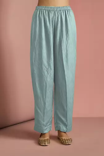 Light teal opara silk pearl cutdana work three piece set