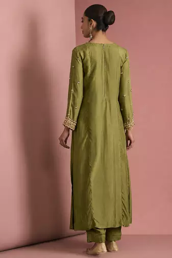 Mehendi green opara silk pearl cutdana work three piece set