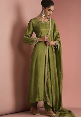 Mehendi green opara silk pearl cutdana work three piece set 4