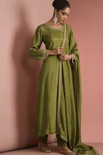 Mehendi green opara silk pearl cutdana work three piece set